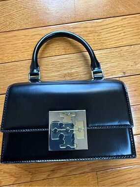Tory Burch Black Leather Top-Handle Crossbody with Gold Logo Accent